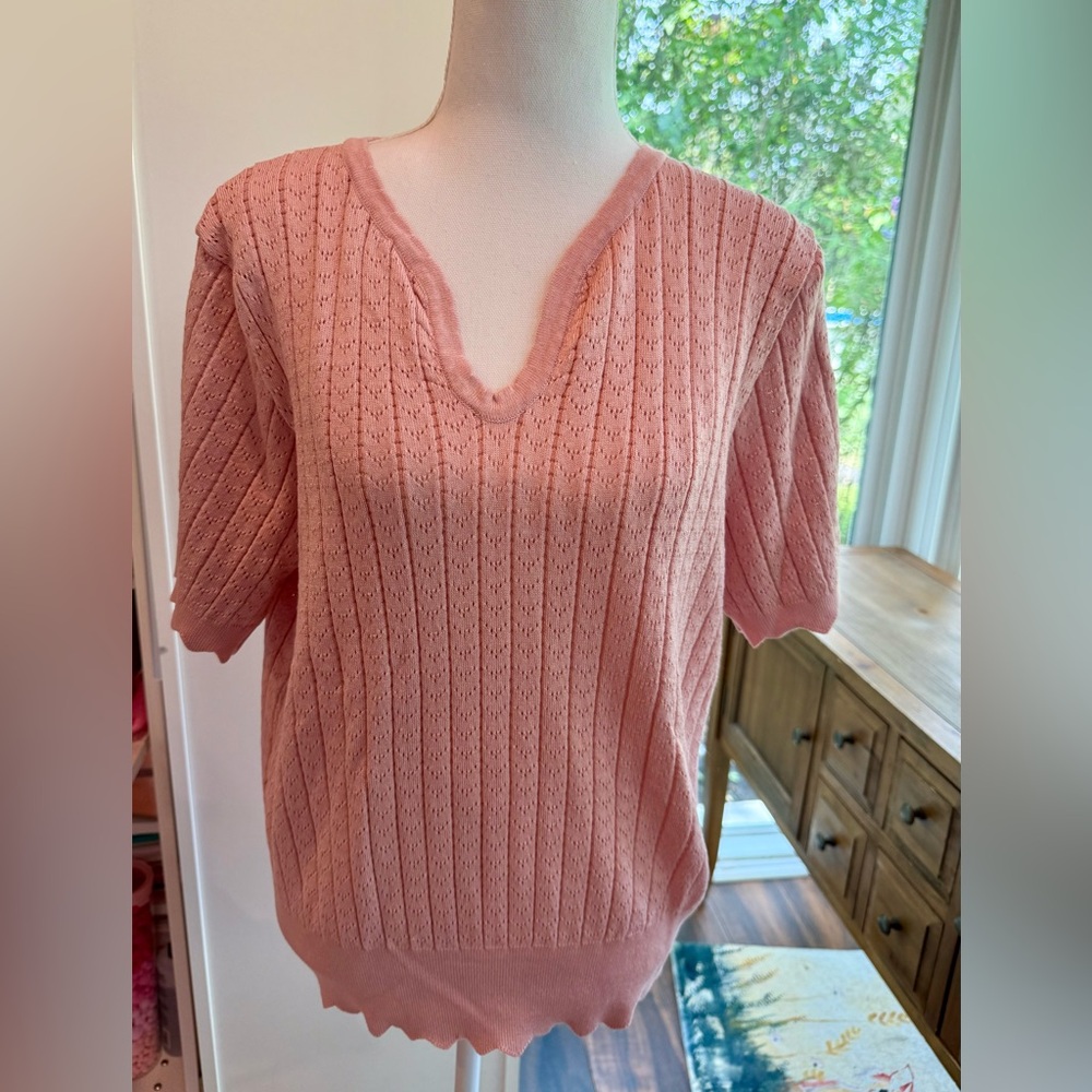 Grace Karin Pink V-Neck Knit Top Short Sleeve Scallop Hem Pullover Sweater L